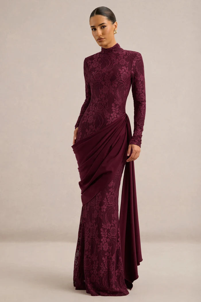 Cabernet Lace & Chiffon Sheath Column High Neck Zipper Back Floor Length Dress - Aabei Dress