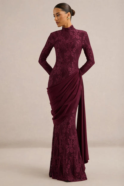 Cabernet Lace & Chiffon Sheath Column High Neck Zipper Back Floor Length Dress - Aabei Dress