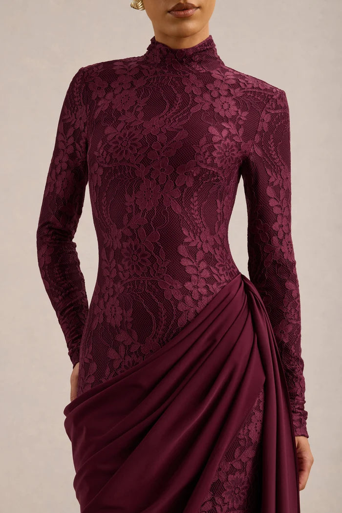 Cabernet Lace & Chiffon Sheath Column High Neck Zipper Back Floor Length Dress - Aabei Dress