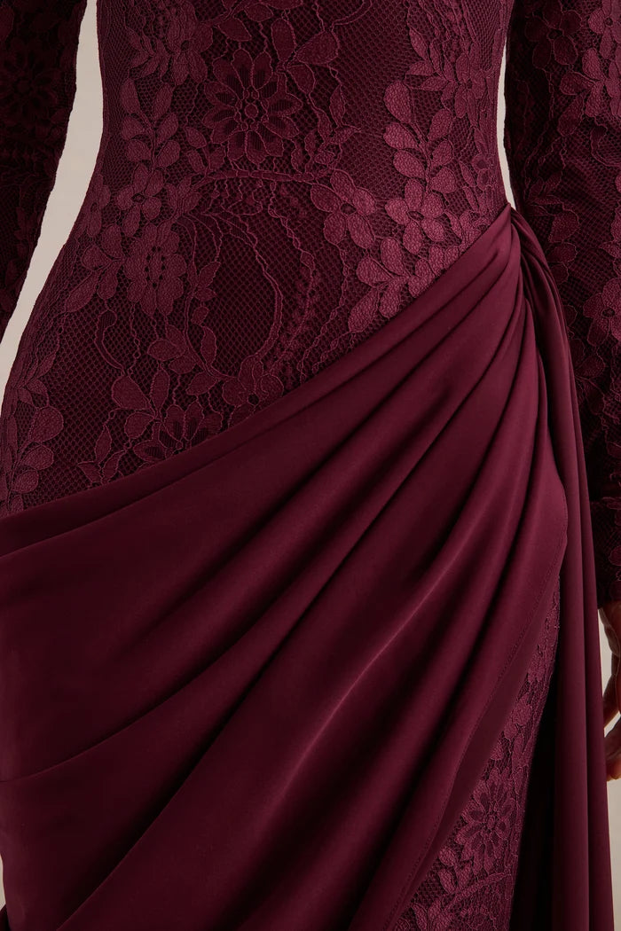 Cabernet Lace & Chiffon Sheath Column High Neck Zipper Back Floor Length Dress - Aabei Dress