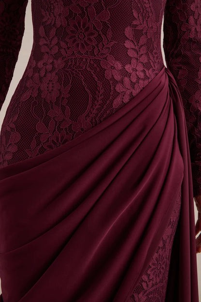 Cabernet Lace & Chiffon Sheath Column High Neck Zipper Back Floor Length Dress - Aabei Dress