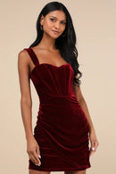 Cabernet Velvet Bodycon Sweetheart Zipper-Back Mini Dress Front View - Aabei Dress