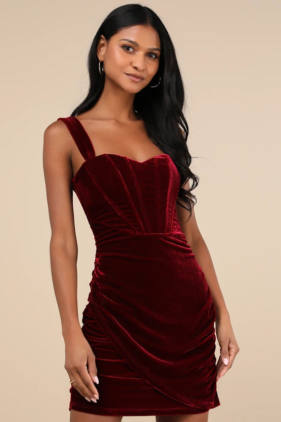 Cabernet Velvet Bodycon Sweetheart Zipper-Back Mini Dress Front View - Aabei Dress