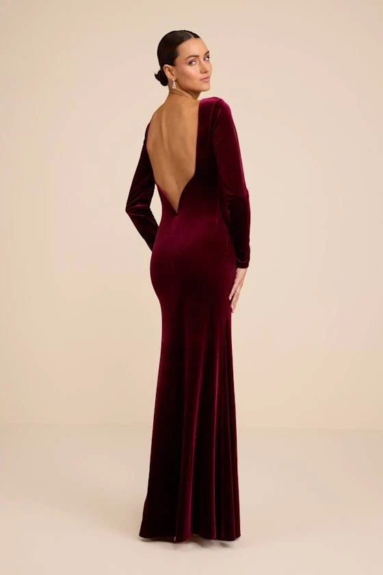 Cabernet Velvet Sheath Column Boat Neck Open Back Floor Length Dress Back View - Aabei Dress