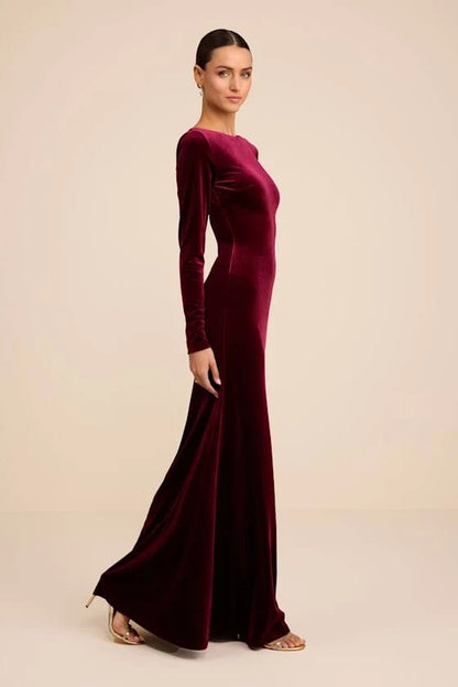 Cabernet Velvet Sheath Column Boat Neck Open Back Floor Length Dress - Aabei Dress