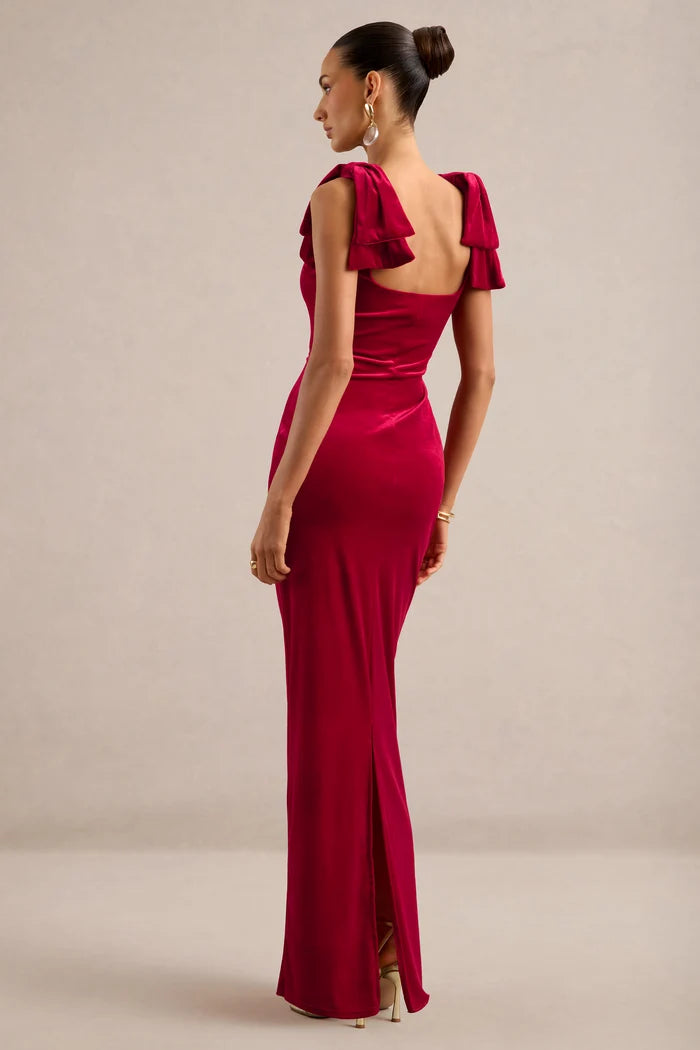 Cabernet Velvet sheath-column square-neck low-back floor-length Dress Back View - Aabei Dress