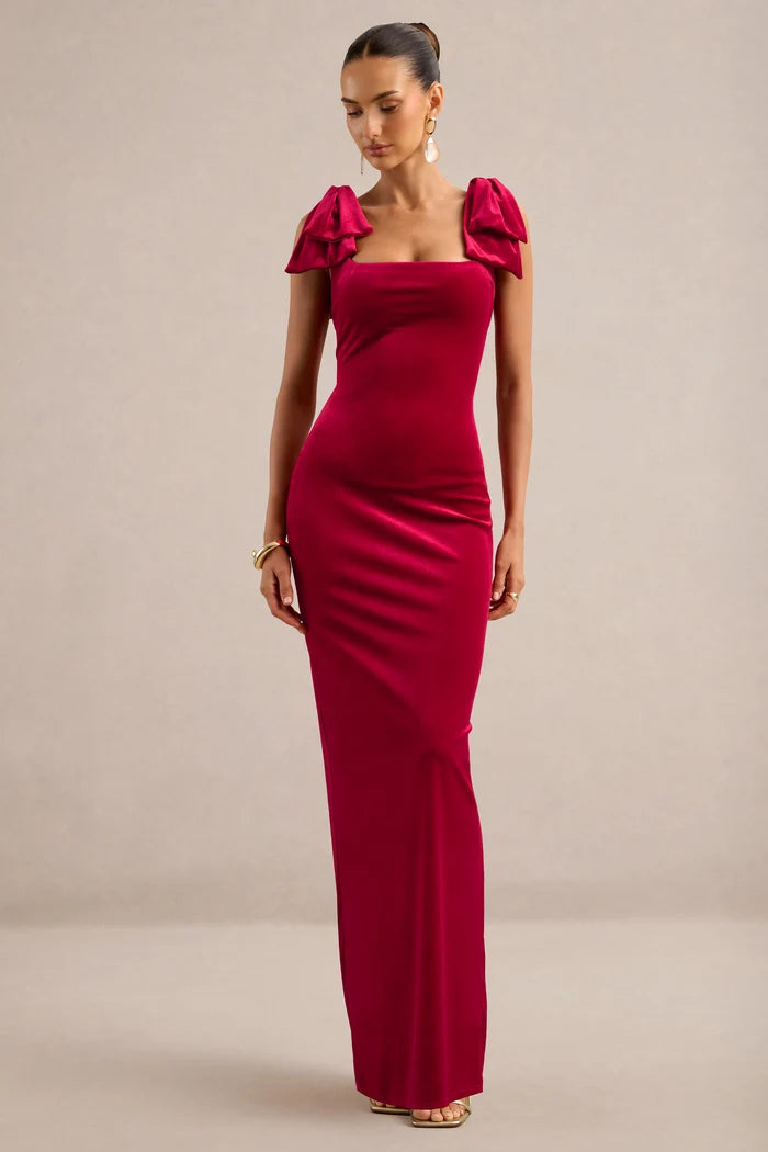 Cabernet Velvet sheath-column square-neck low-back floor-length Dress Front View - Aabei Dress