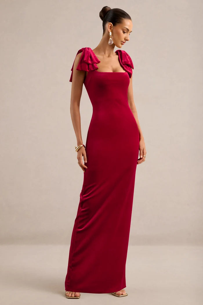 Cabernet Velvet sheath-column square-neck low-back floor-length Dress - Aabei Dress