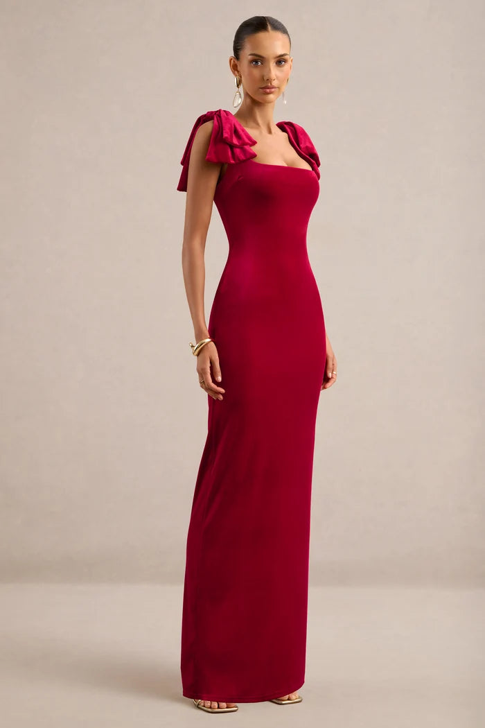 Cabernet Velvet sheath-column square-neck low-back floor-length Dress - Aabei Dress