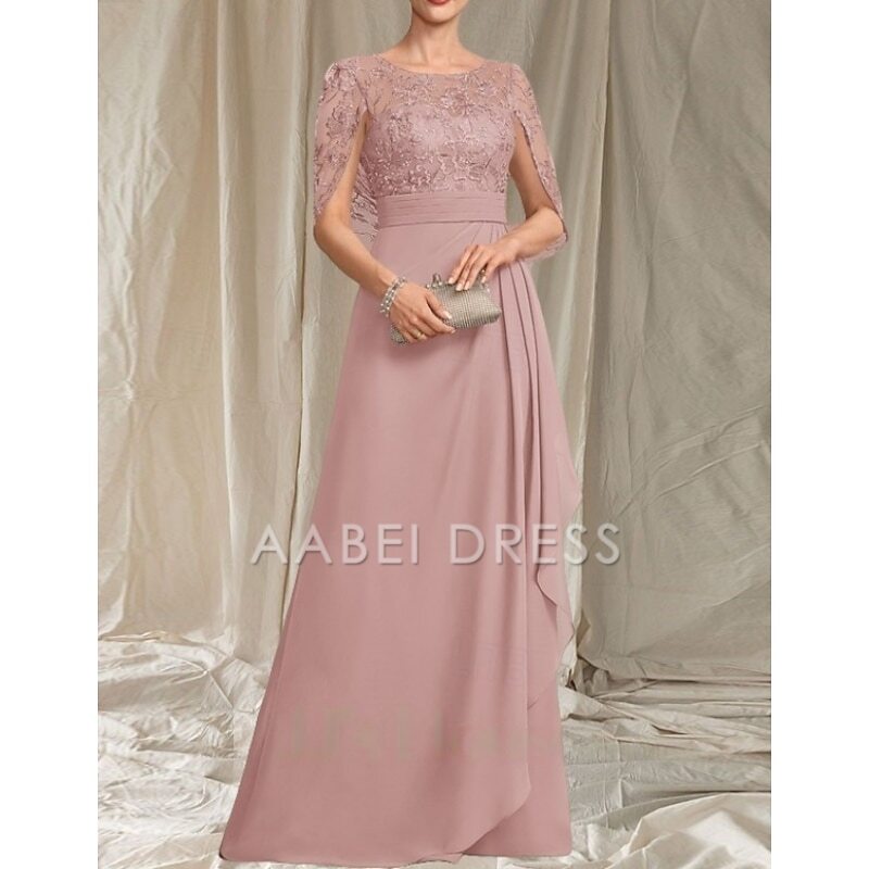 AABEI DRESS Wedding Guest Dress Elegant A-Line Crew Neck Lace Short Sleeve Ruching Floor Length Fashion Mother of the Bride Dress