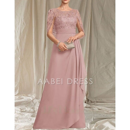 AABEI DRESS Wedding Guest Dress Elegant A-Line Crew Neck Lace Short Sleeve Ruching Floor Length Fashion Mother of the Bride Dress