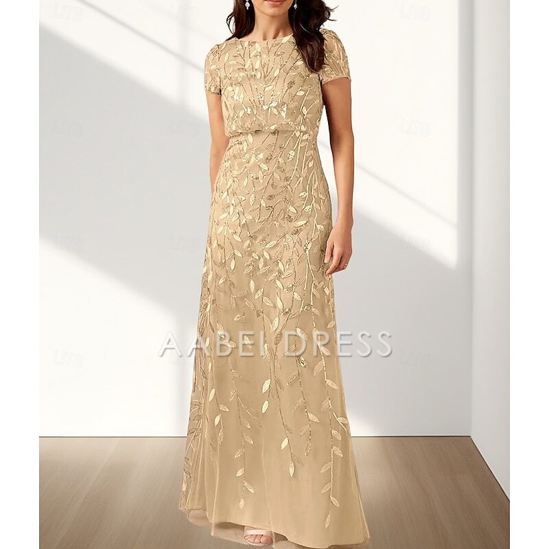 AABEI DRESS Wedding Guest Dress Elegant A-Line Crew Neck Short Sleeve Lace Floor Length Mother of the Bride Dress