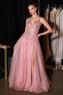 Blush Spaghetti Strap Beaded Glitter Tulle A-Line Gown