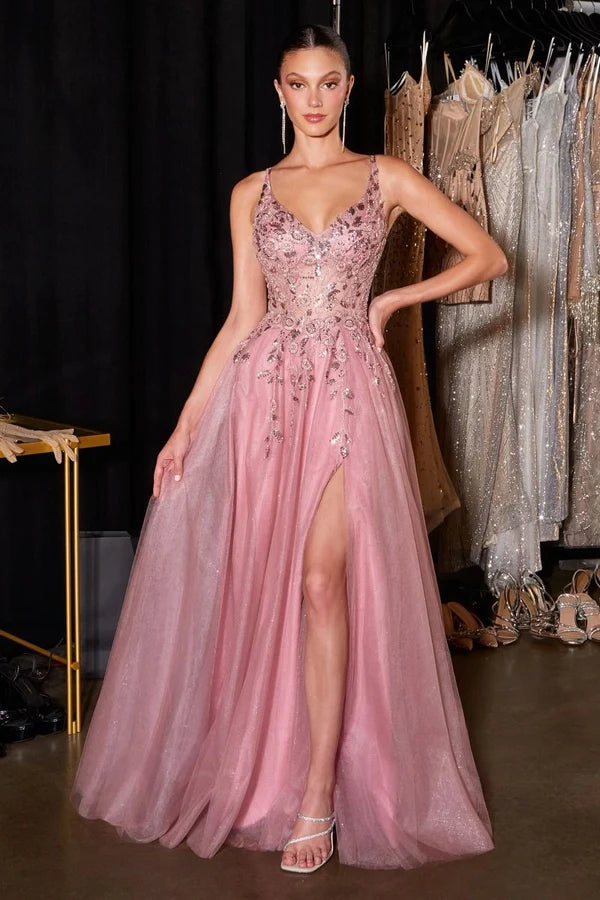 Blush Spaghetti Strap Beaded Glitter Tulle A-Line Gown