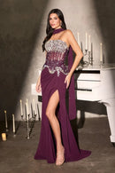 Plum Chiffon Mermaid Strapless Sheer Beaded Corset Slit Long Prom Dress