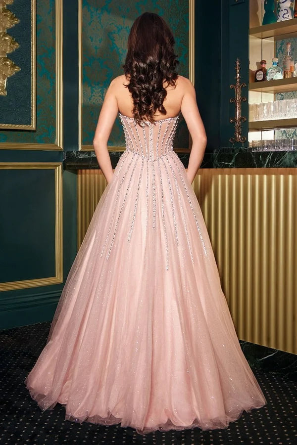 Blush Glitter Tulle A-Line Strapless Sheer Beaded Corset Prom Dress
