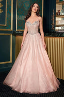 Blush Glitter Tulle A-Line Strapless Sheer Beaded Corset Prom Dress