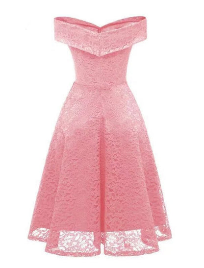 A-Line WE Party Dress Wedding Guest Holiday Knee Length Short Sleeve Off Shoulder Bridesmaid Dress Lace with Pleats Lace Insert