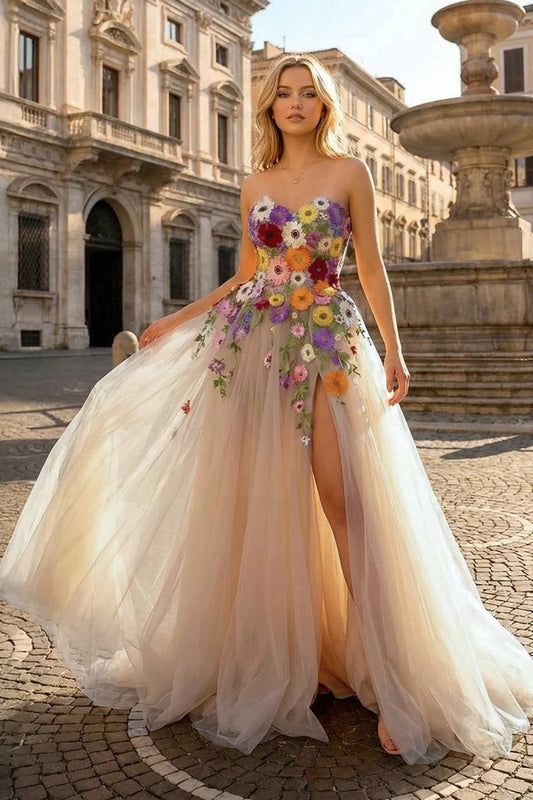 Champagne Tulle A-Line Gown Strapless 3D Colorful Flowers High Slit Corset Lace-Up Back Formal Dress