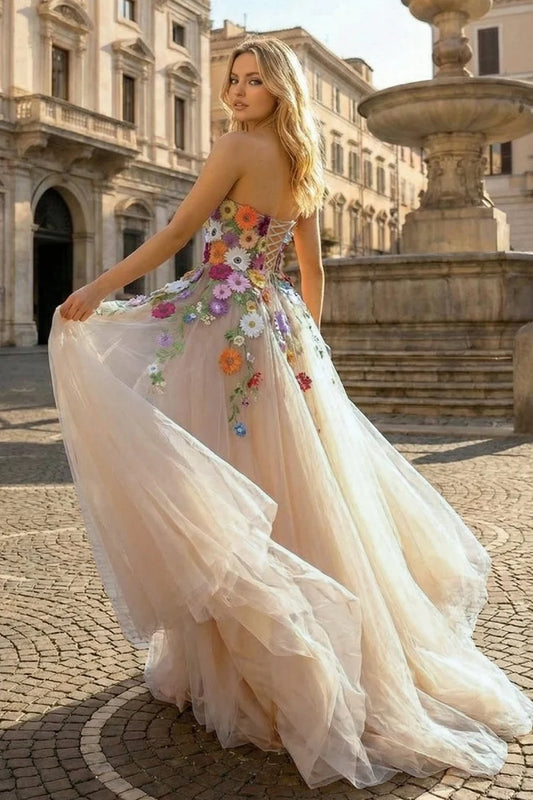 Champagne Tulle A-Line Gown Strapless 3D Colorful Flowers High Slit Corset Lace-Up Back Formal Dress