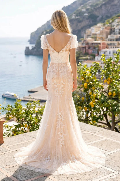 Champagne Lace Mermaid Wedding Gown Off Shoulder Puff Sleeve V-Back Tulle Bridal Dress