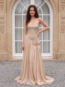 Champagne Chiffon A-line Straight-across Zipper-back Floor-length Dress - Aabei Dress