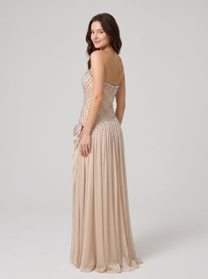 Champagne Chiffon A-line Straight-across Zipper-back Floor-length Dress - Aabei Dress