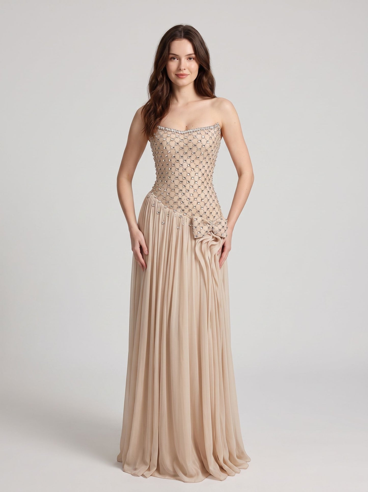 Champagne Chiffon A-line Straight-across Zipper-back Floor-length Dress - Aabei Dress