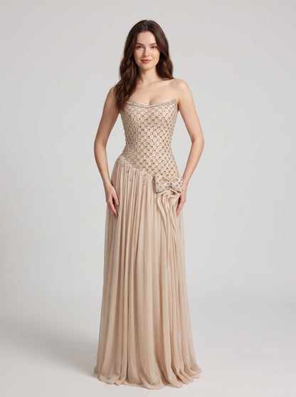 Champagne Chiffon A-line Straight-across Zipper-back Floor-length Dress - Aabei Dress