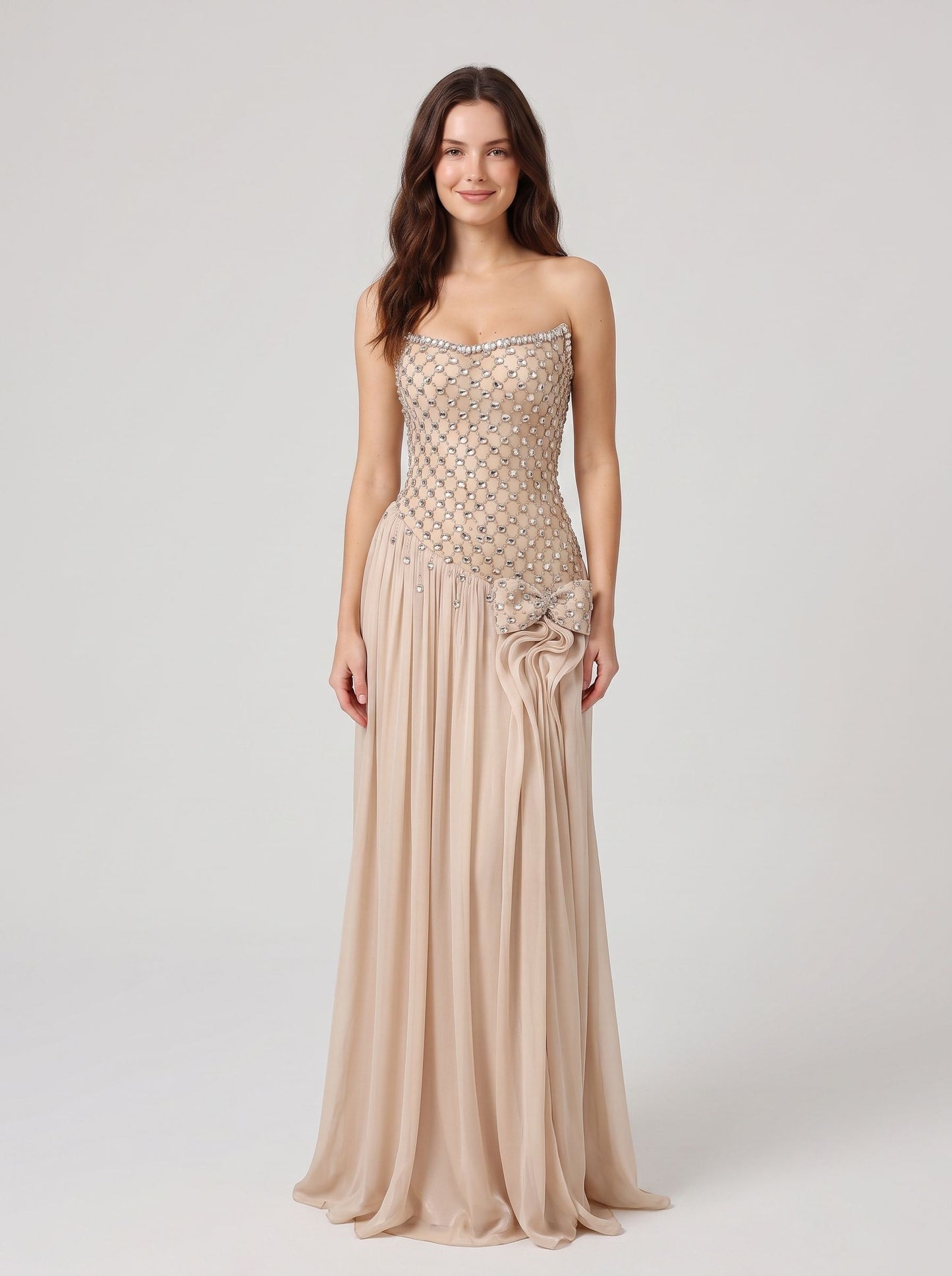 Champagne Chiffon A-line Straight-across Zipper-back Floor-length Dress - Aabei Dress