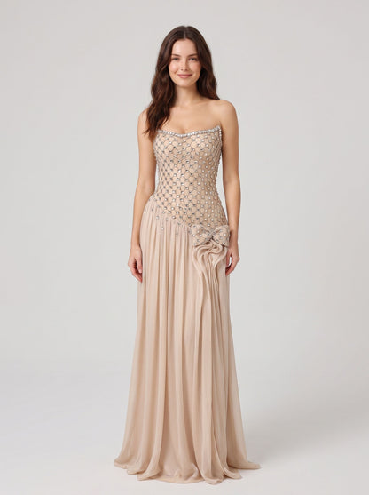 Champagne Chiffon A-line Straight-across Zipper-back Floor-length Dress - Aabei Dress