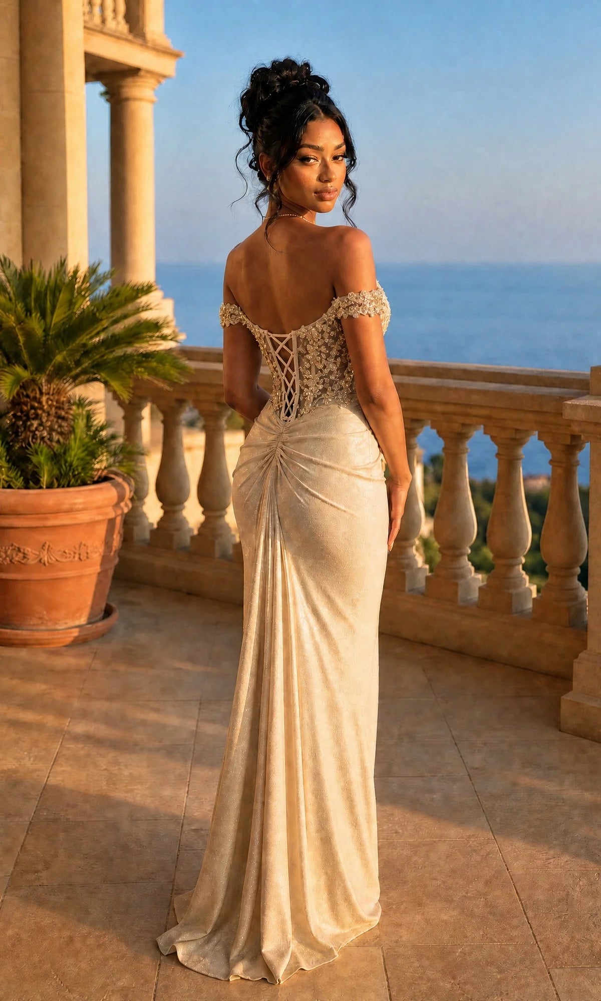 Champagne Glitter Jersey and Lace sheath-column sweetheart floor-length Dress Back View - Aabei Dress