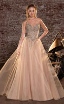 Champagne Glitter Tulle A-Line Sweetheart Low-Back Floor-Length Dress Front View - Aabei Dress