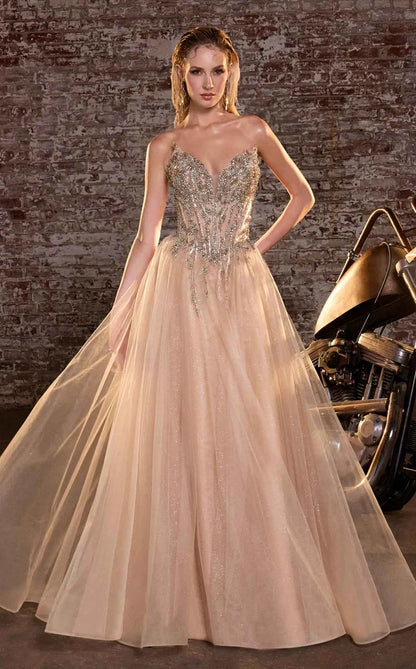 Champagne Glitter Tulle A-Line Sweetheart Low-Back Floor-Length Dress Front View - Aabei Dress