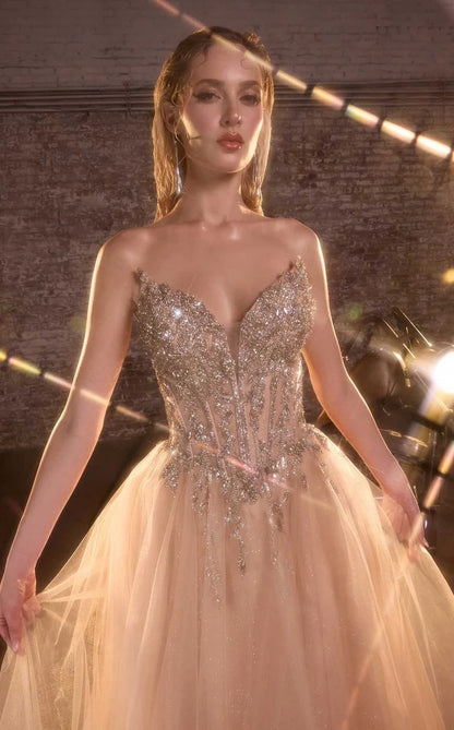 Champagne Glitter Tulle A-Line Sweetheart Low-Back Floor-Length Dress - Aabei Dress