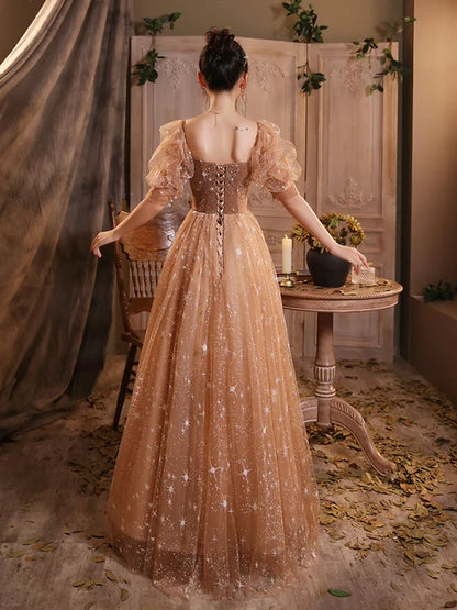 Champagne Gold Glitter Tulle A-Line Sweetheart Lace-up Floor-Length Dress Back View - Aabei Dress