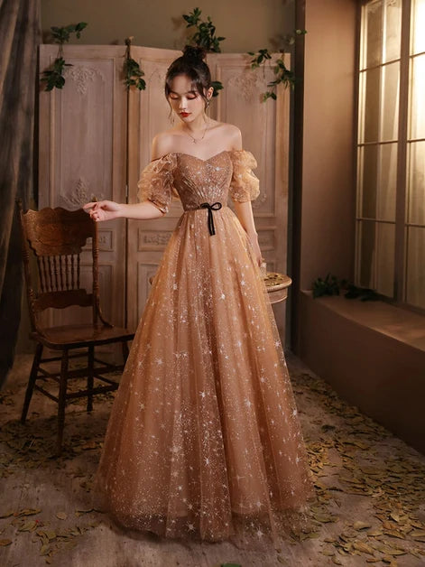 Champagne Gold Glitter Tulle A-Line Sweetheart Lace-up Floor-Length Dress Front View - Aabei Dress