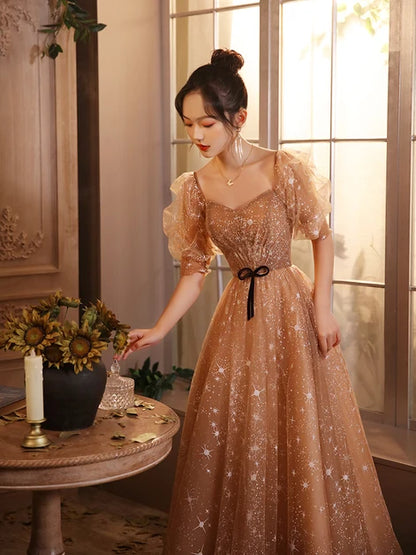 Champagne Gold Glitter Tulle A-Line Sweetheart Lace-up Floor-Length Dress - Aabei Dress