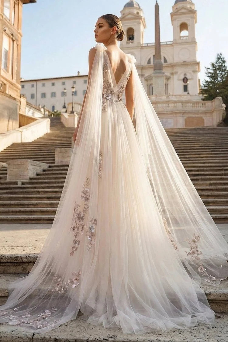 Champagne Ivory Tulle A-Line Plunging V-Neck V-Back Floor-Length Dress Back View - Aabei Dress