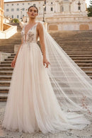 Champagne Ivory Tulle A-Line Plunging V-Neck V-Back Floor-Length Dress Front View - Aabei Dress