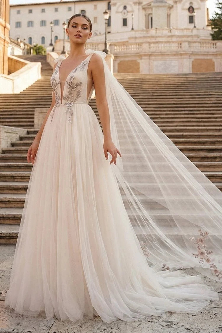 Champagne Ivory Tulle A-Line Plunging V-Neck V-Back Floor-Length Dress Front View - Aabei Dress