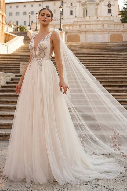 Champagne Ivory Tulle A-Line Plunging V-Neck V-Back Floor-Length Dress Front View - Aabei Dress