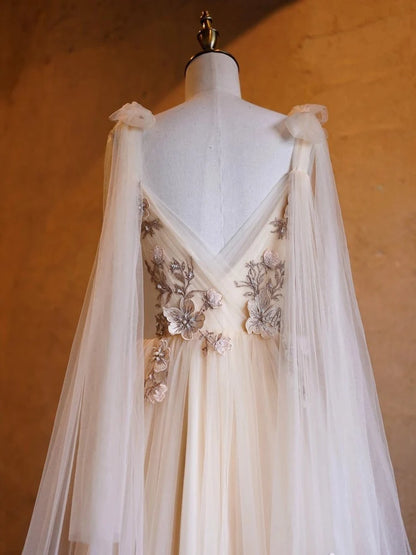 Champagne Ivory Tulle A-Line Plunging V-Neck V-Back Floor-Length Dress - Aabei Dress