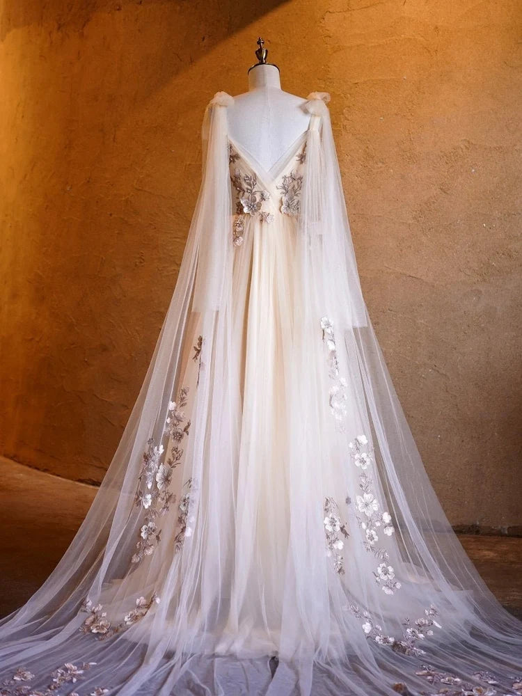Champagne Ivory Tulle A-Line Plunging V-Neck V-Back Floor-Length Dress - Aabei Dress