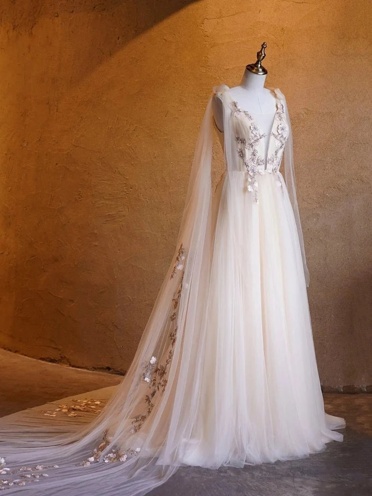 Champagne Ivory Tulle A-Line Plunging V-Neck V-Back Floor-Length Dress - Aabei Dress