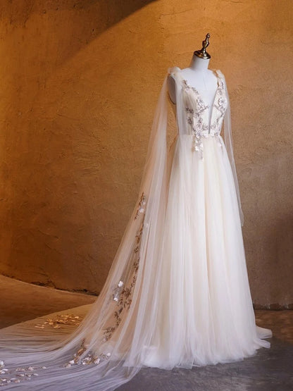 Champagne Ivory Tulle A-Line Plunging V-Neck V-Back Floor-Length Dress - Aabei Dress