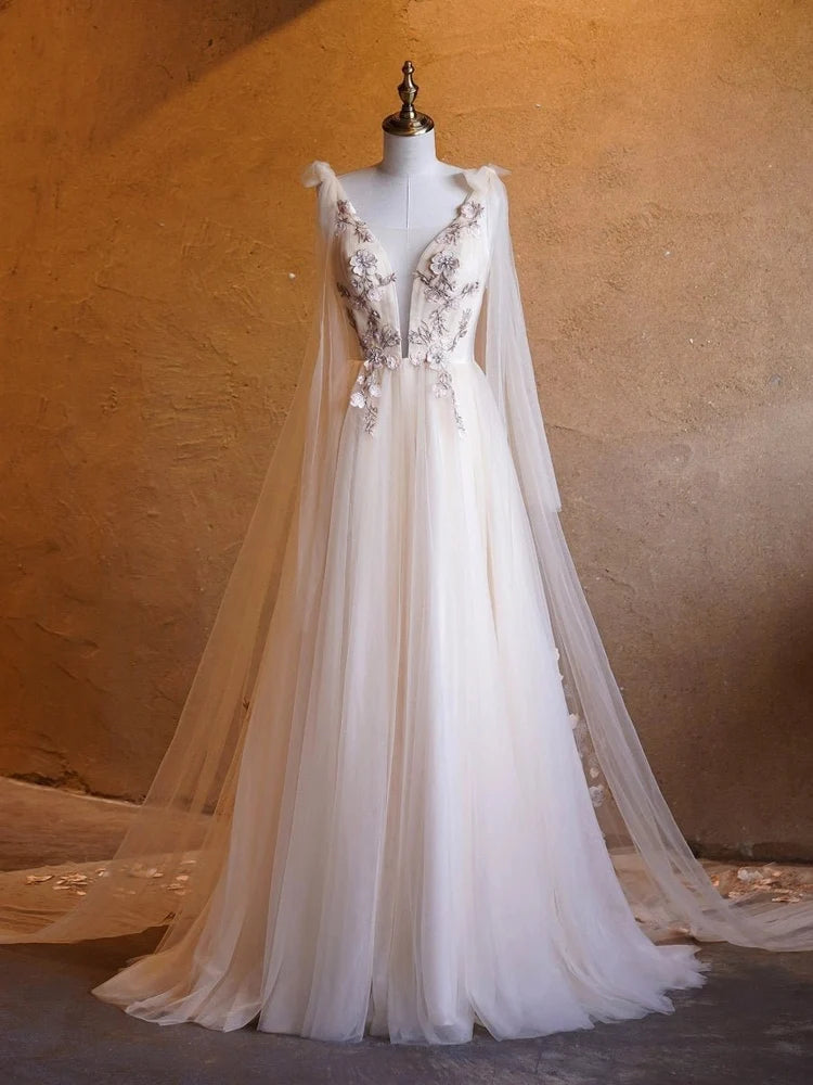 Champagne Ivory Tulle A-Line Plunging V-Neck V-Back Floor-Length Dress - Aabei Dress