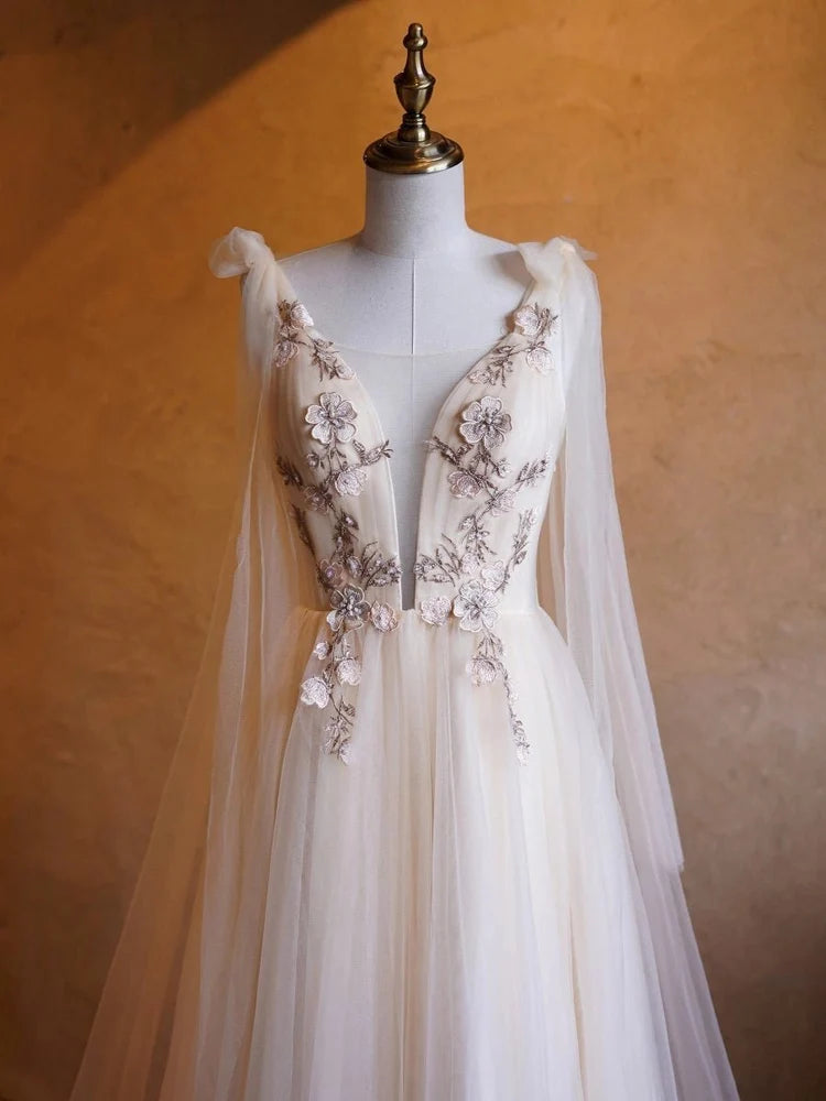 Champagne Ivory Tulle A-Line Plunging V-Neck V-Back Floor-Length Dress - Aabei Dress