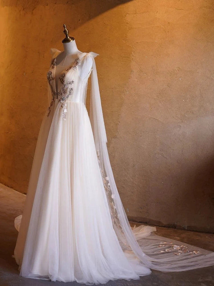 Champagne Ivory Tulle A-Line Plunging V-Neck V-Back Floor-Length Dress - Aabei Dress