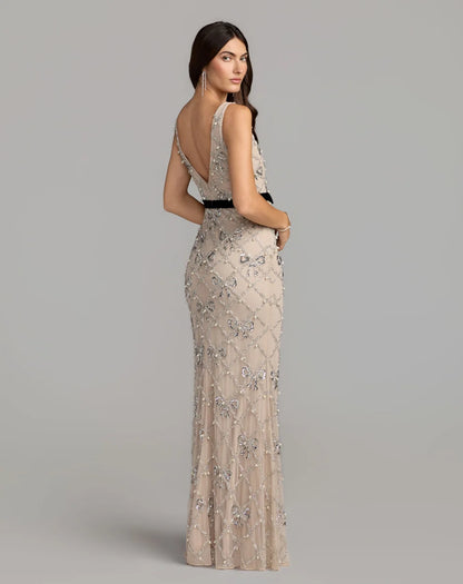 Champagne Mesh with Sequins and Pearls Sheath Column V-Neck Floor-Length Dress Back View - Aabei Dress